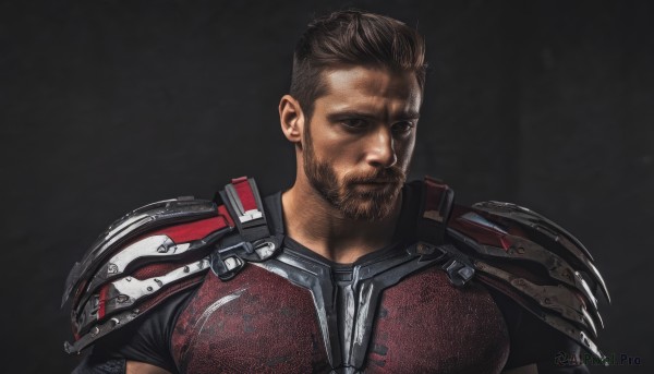 solo,looking at viewer,short hair,simple background,brown hair,1boy,brown eyes,closed mouth,upper body,male focus,armor,black eyes,muscular,facial hair,muscular male,black background,shoulder armor,beard,pauldrons,mature male,realistic,mustache,manly,scar,pectorals,bara,scar on face,sideburns