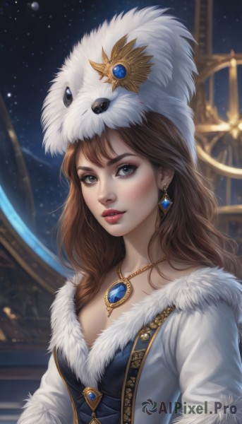 1girl,solo,long hair,breasts,looking at viewer,blue eyes,brown hair,hat,dress,cleavage,jewelry,upper body,earrings,small breasts,parted lips,sky,necklace,blurry,lips,coat,grey eyes,fur trim,eyelashes,makeup,white headwear,lipstick,gem,star (sky),snow,pendant,nose,winter clothes,red lips,fur hat,bangs,long sleeves,artist name,night,night sky,eyeshadow,realistic