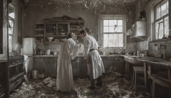 1girl,short hair,brown hair,shirt,black hair,long sleeves,holding,standing,white shirt,male focus,multiple boys,belt,pants,indoors,2boys,black footwear,looking at another,cup,coat,window,chair,table,bottle,scenery,robe,mirror,white coat,glass,shelf,jar,white robe,sink,drawer,cabinet,chandelier,gloves,book,lamp,silk,spider web