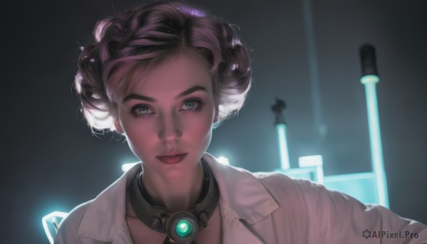 1girl,solo,looking at viewer,short hair,brown hair,shirt,jewelry,closed mouth,green eyes,white shirt,upper body,choker,dark skin,hair bun,dark-skinned female,lips,grey eyes,eyelashes,makeup,glowing,lipstick,portrait,backlighting,science fiction,curly hair,realistic,nose,labcoat,smile,open mouth,blue eyes,black hair,jacket,artist name,blurry,collar,coat,pink lips,white coat,red lips