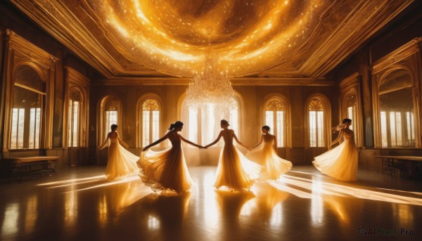 long hair,smile,short hair,multiple girls,dress,bare shoulders,standing,sleeveless,indoors,hair bun,white dress,looking at another,window,4girls,sleeveless dress,holding hands,6+girls,single hair bun,5girls,scenery,light particles,reflection,skirt hold,long dress,dancing,yellow dress,yellow theme,orange theme,reflective floor,black hair,ponytail,artist name,signature,from behind,blurry,black dress,dark-skinned female,see-through,bare arms,depth of field,siblings,sunlight,outstretched arms,outstretched arm,sisters,backlighting,walking,wooden floor,spread arms,facing away,wide shot,pillar,gown,contrast