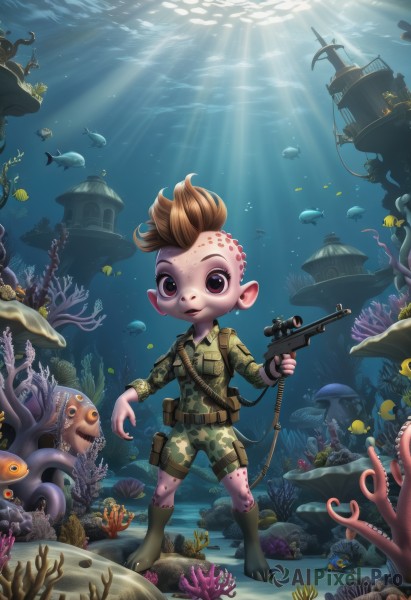 solo,looking at viewer,brown hair,1boy,holding,brown eyes,full body,weapon,male focus,shorts,barefoot,pointy ears,holding weapon,uniform,gun,military,military uniform,sunlight,child,holding gun,tentacles,handgun,fish,bubble,light rays,tentacle hair,underwater,air bubble,male child,ruins,camouflage,shell,monster boy,starfish,alien,octopus,turtle,coral,seaweed,clownfish,smile,open mouth,jewelry,earrings,teeth,belt,water,ocean,watercraft,mohawk