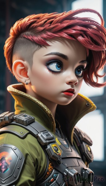 1girl,solo,short hair,blue eyes,jewelry,jacket,upper body,red hair,earrings,armor,blurry,from side,lips,looking to the side,eyelashes,makeup,blurry background,looking away,lipstick,portrait,eyeshadow,asymmetrical hair,high collar,green jacket,nose,red lips,stud earrings,eyeliner,undercut,cyborg,mascara,mohawk,cyberpunk,closed mouth,pink hair,artist name,uniform,expressionless,emblem,looking afar,patch,bulletproof vest