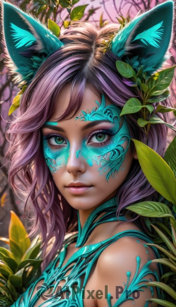 1girl,solo,long hair,breasts,looking at viewer,bangs,animal ears,bare shoulders,closed mouth,green eyes,upper body,pink hair,purple hair,outdoors,artist name,cat ears,signature,blurry,from side,dark-skinned female,tree,lips,animal ear fluff,eyelashes,makeup,leaf,watermark,facial mark,plant,lipstick,portrait,nature,web address,eyeshadow,nose,eyeliner,facepaint,mascara,hair ornament,bodypaint