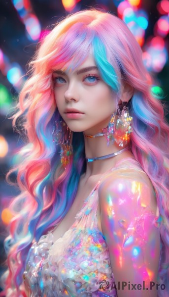 1girl,solo,long hair,breasts,looking at viewer,bangs,blue eyes,dress,bare shoulders,jewelry,medium breasts,closed mouth,blue hair,upper body,pink hair,multicolored hair,earrings,sleeveless,choker,necklace,mole,blurry,from side,two-tone hair,lips,looking to the side,eyelashes,makeup,depth of field,blurry background,wavy hair,gem,eyeshadow,realistic,nose,bokeh,colorful,mascara,artist name,streaked hair,sparkle,sleeveless dress,watermark,expressionless,light particles,lens flare,crystal,pink lips