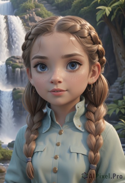 1girl,solo,long hair,looking at viewer,smile,blue eyes,brown hair,shirt,twintails,jewelry,upper body,braid,earrings,outdoors,parted lips,day,collared shirt,artist name,water,twin braids,tree,lips,eyelashes,buttons,bird,animal,blue shirt,plant,nature,hair over shoulder,forehead,freckles,pocket,hoop earrings,snake,realistic,nose,breast pocket,river,waterfall,breasts,bangs,small breasts,teeth,blurry,depth of field,blurry background,sunlight,thick eyebrows,rock