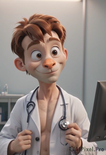 solo,smile,brown hair,shirt,long sleeves,1boy,brown eyes,closed mouth,white shirt,upper body,male focus,open clothes,indoors,blurry,open shirt,blurry background,thick eyebrows,child,freckles,labcoat,male child,stethoscope,doctor,looking at viewer,blush,navel,realistic,dirty,chest hair