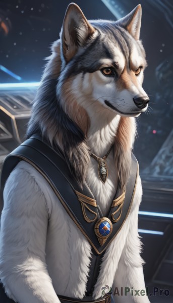 solo,looking at viewer,1boy,brown eyes,jewelry,upper body,male focus,belt,artist name,signature,necklace,no humans,animal,brooch,gem,furry,pendant,colored sclera,dog,realistic,furry male,animal focus,white fur,wolf,animal ears,closed mouth,space