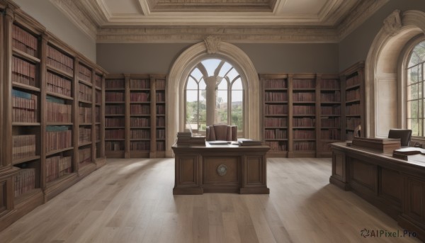 day,indoors,tree,book,no humans,window,chair,table,sunlight,plant,scenery,desk,wooden floor,bookshelf,shelf,book stack,library,lamp,carpet