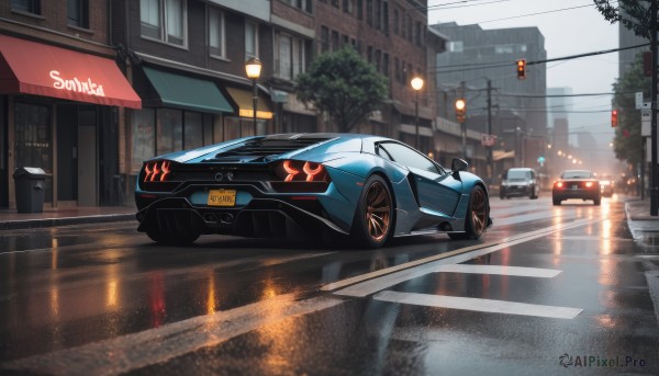 A motor vehicle showcased in a vivid rainy outdoors