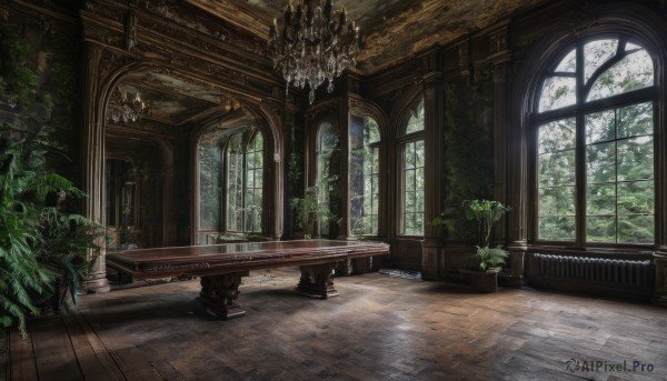 day,indoors,tree,no humans,window,chair,table,sunlight,plant,scenery,wooden floor,stairs,potted plant,bench,pillar,candlestand,chandelier,overgrown