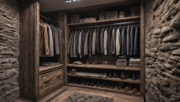 shoes,indoors,no humans,box,scenery,wooden floor,rock,shelf,still life,clothes hanger,clothes,wood,carpet,drawer,rug,cabinet