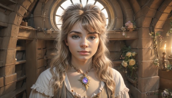 1girl,solo,long hair,looking at viewer,smile,blonde hair,brown hair,dress,brown eyes,jewelry,closed mouth,upper body,weapon,flower,sword,indoors,necklace,lips,window,rose,wavy hair,sunlight,plant,white flower,gem,pendant,freckles,curly hair,realistic,nose,fantasy,candle,white rose,brick wall,arch,breasts,cleavage,medium breasts,portrait