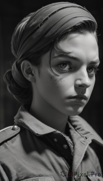 1girl,solo,looking at viewer,short hair,simple background,shirt,closed mouth,jacket,monochrome,upper body,greyscale,parted lips,collared shirt,uniform,lips,military,single hair bun,portrait,freckles,realistic,nose,hair bun,eyelashes,blood,blood on face