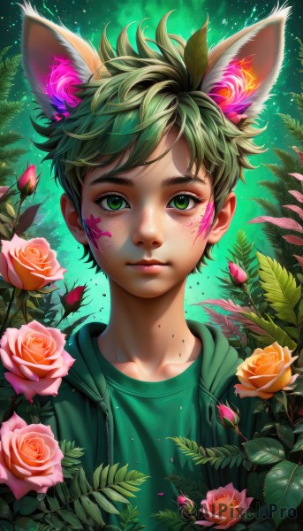 solo,looking at viewer,short hair,bangs,shirt,1boy,animal ears,closed mouth,green eyes,collarbone,jacket,upper body,flower,male focus,green hair,open clothes,artist name,cat ears,hood,open jacket,lips,animal ear fluff,fox ears,blood,hoodie,glowing,rose,leaf,facial mark,hood down,plant,red flower,portrait,hooded jacket,extra ears,pink flower,freckles,kemonomimi mode,red rose,yellow flower,nose,green shirt,facepaint,male child,aura,pink rose,green theme,orange flower,multicolored hair,watermark,wolf ears,spiked hair,messy hair,star (sky),web address