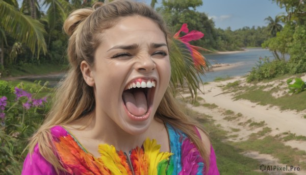 1girl,solo,long hair,open mouth,brown hair,shirt,hair ornament,closed eyes,upper body,flower,outdoors,sky,teeth,day,tongue,water,hair bun,tree,blue sky,beach,parody,portrait,nature,realistic,palm tree,blonde hair,ocean,grass,laughing,uvula