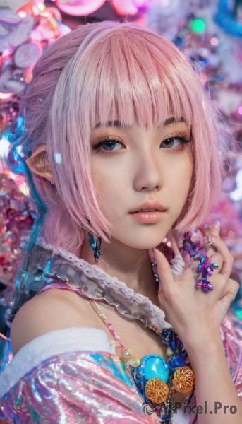 1girl,solo,looking at viewer,short hair,bangs,bare shoulders,jewelry,upper body,pink hair,earrings,parted lips,artist name,necklace,blurry,black eyes,lips,see-through,grey eyes,blurry background,ring,gem,realistic,nose,long hair,blue eyes,pointy ears,fingernails,eyelashes,watermark,portrait,freckles