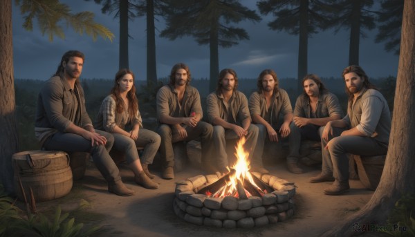 1girl,long hair,brown hair,shirt,black hair,sitting,male focus,boots,outdoors,food,multiple boys,sky,pants,tree,night,facial hair,bottle,fire,nature,night sky,beard,sleeves rolled up,forest,6+boys,mustache,5boys,log,tent,campfire,smile,jacket,vest,denim,jeans,realistic,palm tree,chest hair