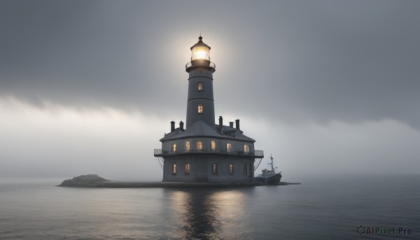 outdoors,sky,cloud,water,no humans,ocean,cloudy sky,building,scenery,reflection,watercraft,lamppost,ship,tower,boat,fog,grey sky,lighthouse,day,grey background,horizon,light,island,pier