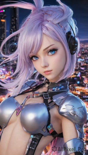 1girl,solo,long hair,breasts,looking at viewer,bangs,blue eyes,hair ornament,cleavage,medium breasts,closed mouth,upper body,pink hair,purple hair,shiny,armor,lips,eyelashes,makeup,headphones,shoulder armor,revealing clothes,light purple hair,city,cityscape,bikini armor,choker,night,pauldrons,shoulder pads