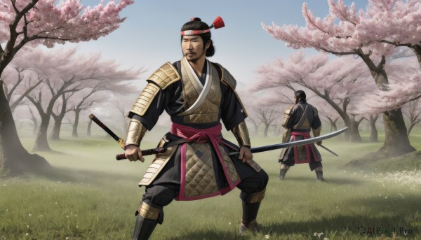 black hair,long sleeves,1boy,holding,standing,weapon,male focus,outdoors,japanese clothes,multiple boys,sky,day,sword,2boys,hair bun,holding weapon,armor,tree,sash,headband,facial hair,holding sword,single hair bun,katana,grass,cherry blossoms,shoulder armor,sheath,beard,fighting stance,mustache,japanese armor,scabbard,topknot,kote,samurai,kimono,blue sky,multiple views,scar,scar on face,dual wielding,sheathed,scar across eye,ninja