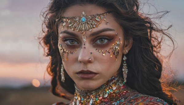 1girl,solo,long hair,looking at viewer,brown hair,black hair,brown eyes,jewelry,closed mouth,earrings,outdoors,sky,day,dark skin,necklace,blurry,dark-skinned female,lips,makeup,depth of field,blurry background,wavy hair,messy hair,gem,portrait,freckles,circlet,realistic,red lips,head chain,artist name,signature,eyelashes,piercing,ear piercing,nose