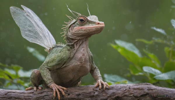 solo,closed mouth,standing,full body,outdoors,wings,day,blurry,pokemon (creature),no humans,depth of field,blurry background,animal,looking up,plant,claws,monster,realistic,antennae,animal focus,insect wings,dinosaur,lizard,open mouth,from side,tree,bug,green background,branch