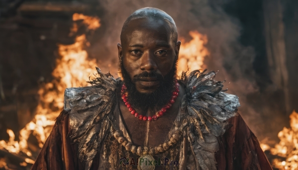 solo,looking at viewer,short hair,1boy,brown eyes,jewelry,closed mouth,upper body,grey hair,male focus,dark skin,necklace,cape,armor,blurry,black eyes,blurry background,facial hair,dark-skinned male,beard,bald,very short hair,manly,very dark skin,buzz cut,black hair,pointy ears,fire,beads,realistic