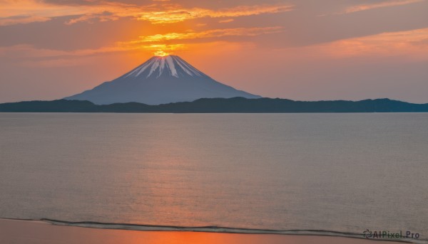 outdoors,sky,cloud,water,no humans,glowing,ocean,beach,cloudy sky,scenery,reflection,sunset,mountain,sun,horizon,landscape,mountainous horizon,gradient sky,shore,orange sky,red sky,monochrome