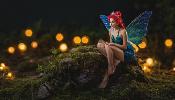 1girl,solo,long hair,breasts,hair ornament,dress,cleavage,bare shoulders,sitting,closed eyes,flower,red hair,wings,barefoot,pointy ears,hair flower,hair bun,blurry,feet,tree,bare legs,toes,depth of field,blurry background,blue dress,nature,forest,realistic,fairy wings,fairy,butterfly wings,blue wings,nail polish,lips,makeup,plant,lipstick,minigirl,dirty,dirty feet