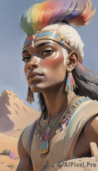 1girl,solo,long hair,looking at viewer,blush,black hair,1boy,brown eyes,jewelry,upper body,white hair,male focus,multicolored hair,earrings,outdoors,parted lips,sky,teeth,sleeveless,day,dark skin,necklace,dark-skinned female,blue sky,lips,headband,dark-skinned male,feathers,nose,headdress,feather hair ornament,dirty,very dark skin,desert,dreadlocks,cactus,closed mouth,shiny,eyelashes,realistic,facepaint,native american