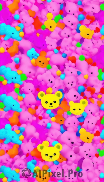 looking at viewer,smile,open mouth,closed mouth,closed eyes,heart,black eyes,pokemon (creature),no humans,:3,stuffed toy,stuffed animal,teddy bear,alternate color,solid circle eyes,shiny pokemon,too many,. .,odd one out,animal,rabbit,multicolored background,bear,colorful