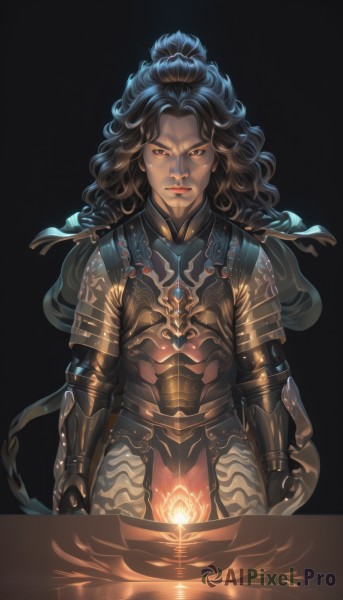 1girl,solo,long hair,looking at viewer,simple background,brown hair,black hair,brown eyes,closed mouth,standing,ponytail,weapon,cowboy shot,dark skin,armor,dark-skinned female,lips,capelet,wavy hair,black background,shoulder armor,gauntlets,pauldrons,shield,breastplate,upper body,glowing,reflection,serious,realistic,arms at sides,straight-on