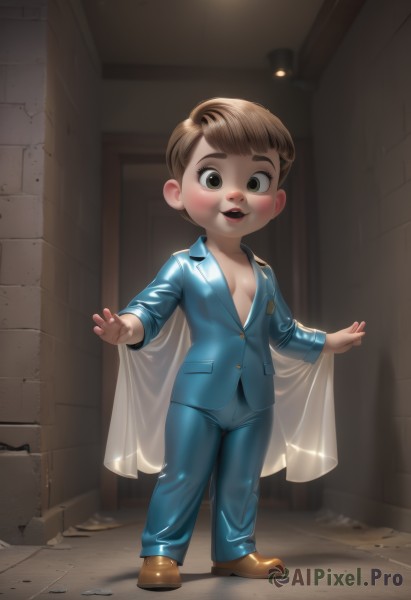 1girl,solo,breasts,looking at viewer,blush,smile,short hair,open mouth,brown hair,1boy,brown eyes,standing,jacket,full body,male focus,shoes,teeth,pants,indoors,cape,brown footwear,formal,suit,child,blue pants,female child,male child,blonde hair,green eyes,open clothes,thick eyebrows,robe,labcoat