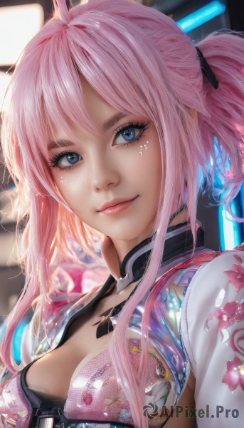 1girl,solo,long hair,breasts,looking at viewer,smile,bangs,blue eyes,cleavage,medium breasts,closed mouth,upper body,ponytail,pink hair,sidelocks,shiny,artist name,blurry,lips,clothing cutout,eyelashes,makeup,blurry background,floral print,pink lips,realistic,nose,mascara,hair ornament,underwear,ahoge,bra,close-up