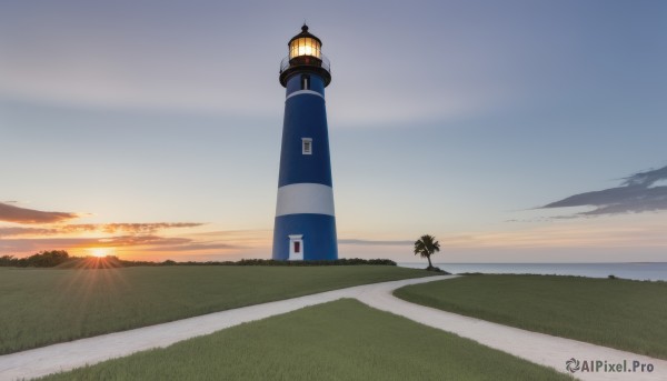 outdoors,sky,cloud,tree,blue sky,no humans,sunlight,grass,building,scenery,sunset,mountain,sun,road,lamppost,sunrise,hill,shadow,cloudy sky,nature,horizon,evening,tower,gradient sky,path,lighthouse