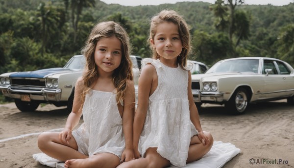 long hair,looking at viewer,smile,multiple girls,blonde hair,brown hair,dress,2girls,brown eyes,sitting,outdoors,barefoot,sleeveless,white dress,blurry,flat chest,feet,tree,holding hands,siblings,sisters,ground vehicle,child,motor vehicle,twins,realistic,car,indian style,short hair,open mouth,parted lips,day,sleeveless dress,female child,mother and daughter,dirty,photo background