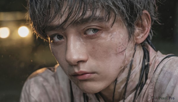 solo,looking at viewer,short hair,bangs,shirt,black hair,1boy,closed mouth,white shirt,grey hair,male focus,blurry,black eyes,lips,grey eyes,depth of field,blurry background,portrait,close-up,realistic,nose,expressionless,freckles,light,bokeh