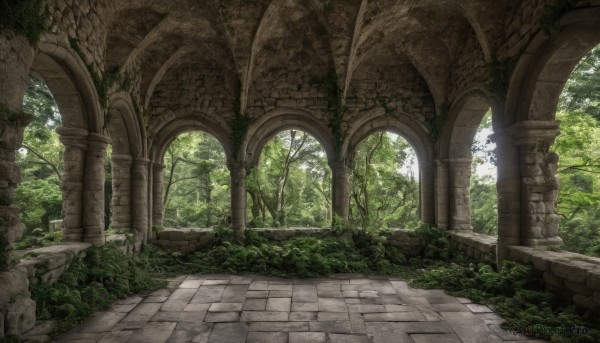 outdoors,day,tree,no humans,sunlight,grass,plant,nature,scenery,forest,bush,ruins,pillar,path,arch,moss,overgrown,column,stone floor,window,rock,stairs,green theme