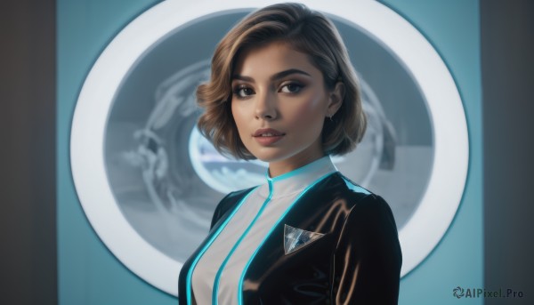 1girl,solo,breasts,looking at viewer,short hair,blue eyes,brown hair,brown eyes,jewelry,jacket,upper body,earrings,parted lips,dark skin,dark-skinned female,lips,black jacket,looking to the side,makeup,science fiction,realistic,nose,emblem,smile,medium breasts,teeth,uniform,thick eyebrows,leather jacket