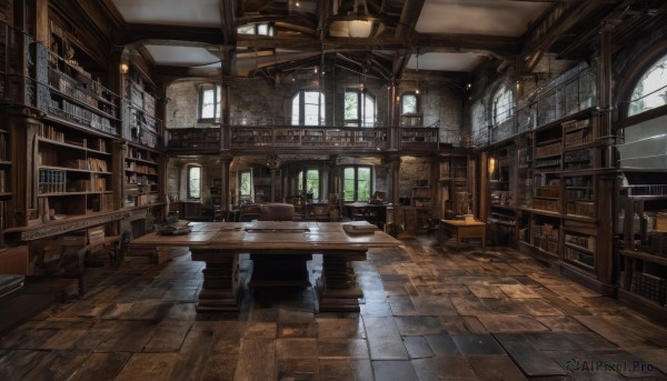 day,indoors,book,no humans,window,shadow,chair,table,sunlight,scenery,light rays,wooden floor,stairs,door,bookshelf,lamp,architecture,sunbeam,stool,shelf,library,carpet,reflective floor,desk,clock,tiles,tile floor,ceiling