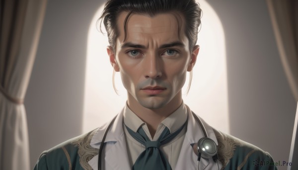 solo,looking at viewer,short hair,blue eyes,brown hair,shirt,black hair,1boy,closed mouth,jacket,white shirt,male focus,collared shirt,indoors,blurry,lips,grey eyes,ascot,curtains,portrait,backlighting,realistic,straight-on,stethoscope,wrinkled skin,upper body,window,blurry background,facial hair,scar,beard,scar on face,nose,blue ascot