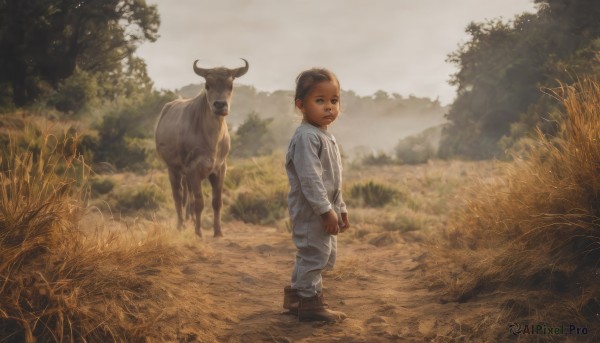 solo,looking at viewer,short hair,brown hair,shirt,long sleeves,1boy,holding,standing,male focus,boots,outdoors,horns,day,black eyes,tree,animal,brown footwear,grass,child,nature,scenery,forest,realistic,overalls,male child,goat,blue eyes,aged down,field