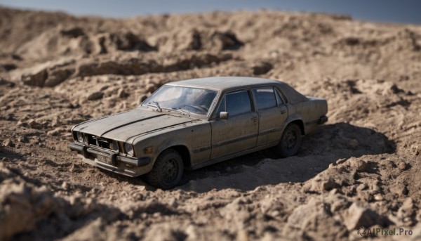 outdoors,day,blurry,no humans,depth of field,blurry background,ground vehicle,motor vehicle,car,vehicle focus,photo background,desert,wheel,sky,rock,sports car