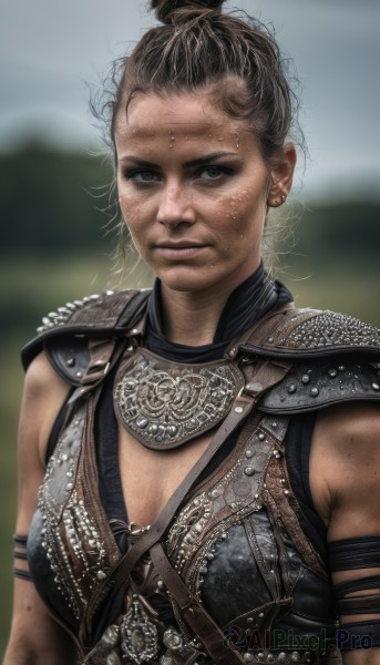 1girl,solo,breasts,looking at viewer,smile,short hair,brown hair,cleavage,brown eyes,jewelry,medium breasts,closed mouth,upper body,earrings,small breasts,outdoors,dark skin,hair bun,armor,blurry,black eyes,dark-skinned female,lips,blurry background,single hair bun,shoulder armor,freckles,pauldrons,breastplate,realistic,dirty,topknot,dirty face,chainmail,black hair,mole,piercing,nose piercing