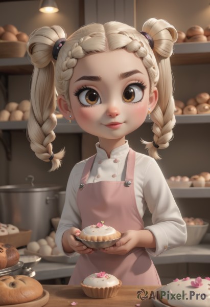 1girl,solo,looking at viewer,blush,smile,blonde hair,shirt,long sleeves,holding,twintails,brown eyes,jewelry,closed mouth,white shirt,upper body,braid,earrings,food,artist name,indoors,medium hair,blurry,apron,twin braids,petals,eyelashes,buttons,depth of field,blurry background,holding food,child,forehead,plate,bowl,female child,bread,kitchen,pink apron,long hair,hair ornament,lips,hair rings,cupcake