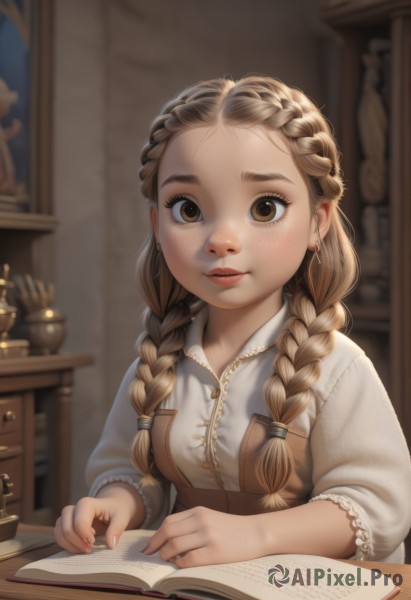 1girl,solo,long hair,looking at viewer,brown hair,shirt,long sleeves,brown eyes,jewelry,sitting,closed mouth,white shirt,upper body,braid,earrings,indoors,blurry,twin braids,lips,fingernails,book,eyelashes,depth of field,blurry background,table,child,hair over shoulder,forehead,freckles,open book,pencil,breasts,blonde hair,dress,artist name,realistic,nose,multiple braids