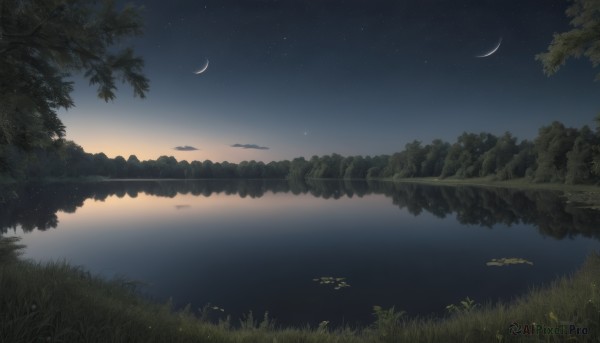 outdoors,sky,cloud,water,tree,no humans,night,moon,grass,plant,star (sky),nature,night sky,scenery,forest,starry sky,reflection,crescent moon,river,lake,reflective water,sunset,landscape