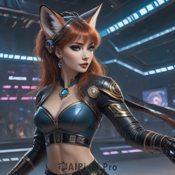 1girl,solo,long hair,breasts,looking at viewer,bangs,blue eyes,brown hair,gloves,long sleeves,navel,animal ears,cleavage,jewelry,medium breasts,upper body,hairband,earrings,parted lips,black gloves,midriff,belt,indoors,cat ears,mole,blurry,lips,fox ears,makeup,blurry background,fox tail,fox girl,red lips,bustier,large breasts,very long hair,closed mouth,ponytail,red hair,artist name,necklace,stomach,armor,crop top,headgear,lipstick,shoulder armor,gauntlets,realistic