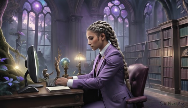 1girl,solo,long hair,shirt,black hair,long sleeves,sitting,very long hair,closed mouth,jacket,closed eyes,white shirt,braid,flower,necktie,artist name,indoors,dark skin,from side,dark-skinned female,tree,book,window,single braid,profile,chair,formal,table,suit,plant,desk,paper,open book,realistic,bookshelf,magic,lamp,purple jacket,library,quill,blonde hair,sky,night,night sky,nose,globe,phonograph,hourglass